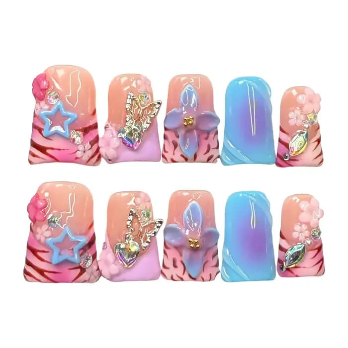 Faux ongles français faits à la main en forme de bec de canard, à pression, imprimé léopard coloré,