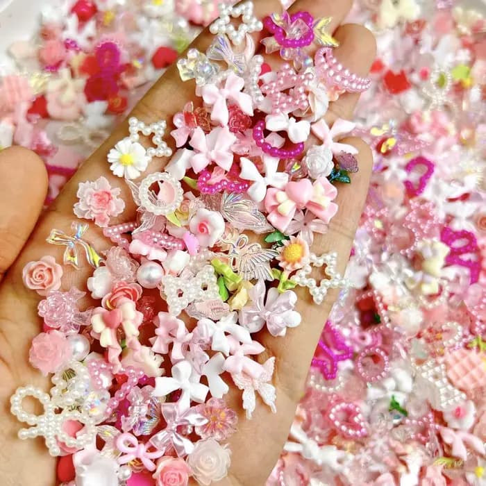 Breloques à ongles en résine hybride, mélange aléatoire, nœud, cœur, fleur, étoile évidée, strass si