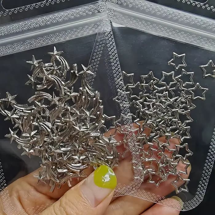 Breloques étoiles argentées pour ongles, bijoux métalliques 3D, gemmes météores évidées, décorations