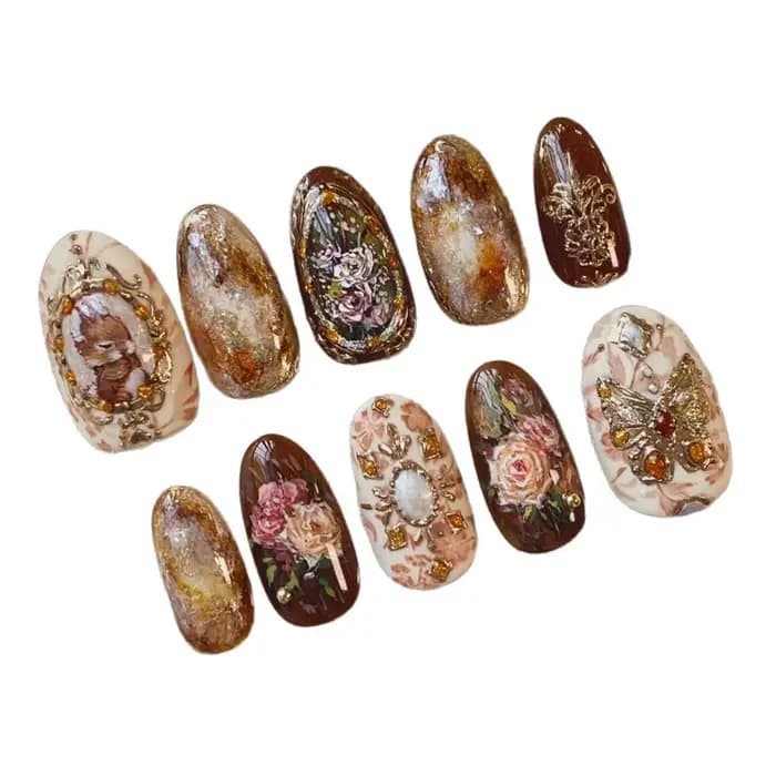 24 pièces ambre Rose faux ongles presse sur ongles avec peinture à l'huile motifs de fleurs longue a