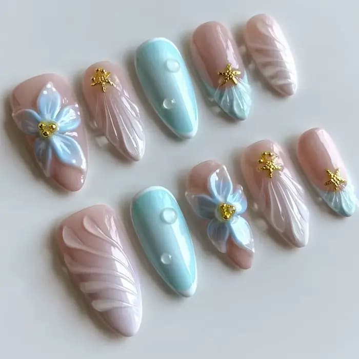 Faux ongles ovales mi-longs à pression en amande bleue, 24 pièces, avec perles 3D, pointes à motif d