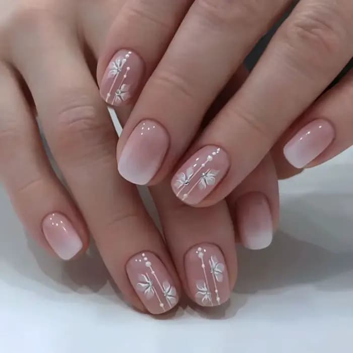 Faux ongles courts et ronds, 24 pièces, bleu français, perle de Rotterdam kling, blanc ondulé, cœur