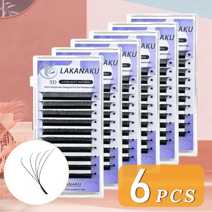 LAKANAKU Fio 5W Extension de cils en forme 6 plateaux Volume Egipcio doux individuel préfabriqué Vol