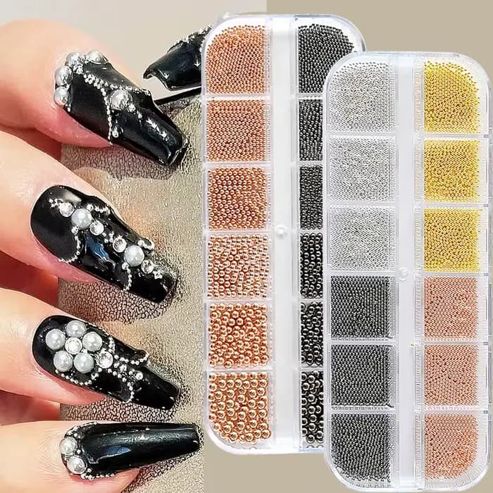 Mini perles de Caviar or/argent à 12 grilles, décorations Nail Art, Micro boules en métal, breloque