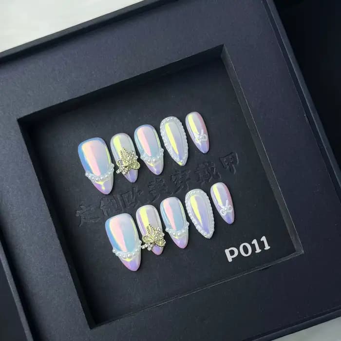 10 pièces à la main français presse sur ongles bord blanc conception amande faux ongles réutilisable