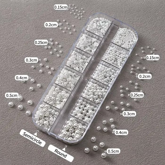 12 grilles mixtes de perles blanches pour ongles, breloques rondes ou demi-cercles 3D, strass pour N