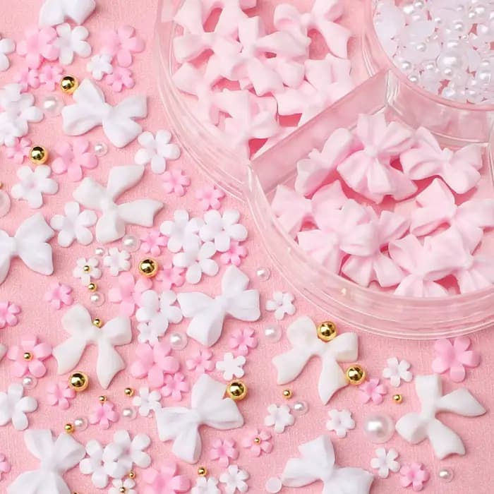 Kit de décorations pour ongles avec nœud floral 3D, 1 boîte, rose/blanc, acrylique Floral/perles de