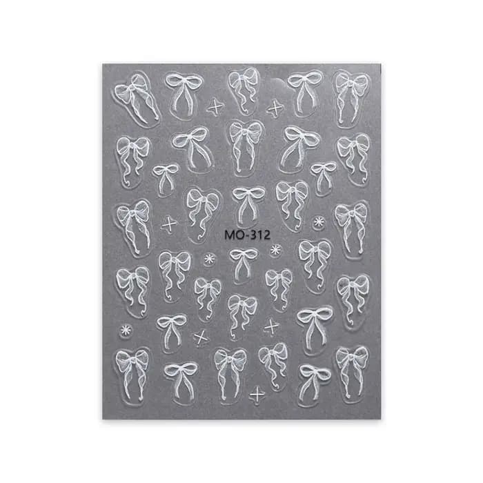 Autocollants pour ongles à nœud papillon, ruban blanc en Relief 3D, mignon, rose doux, autocollants