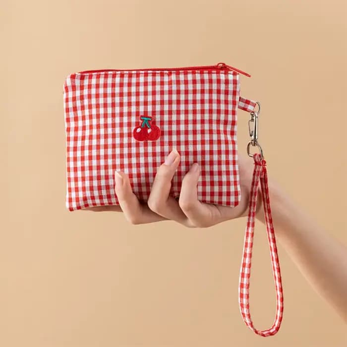 Sac de maquillage en toile cerise, sac de rangement Portable à carreaux rouges de grande capacité po