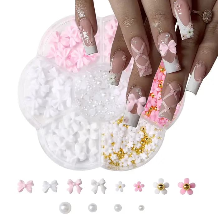 Kit de décorations pour ongles avec nœud floral 3D, 1 boîte, rose/blanc, acrylique Floral/perles de