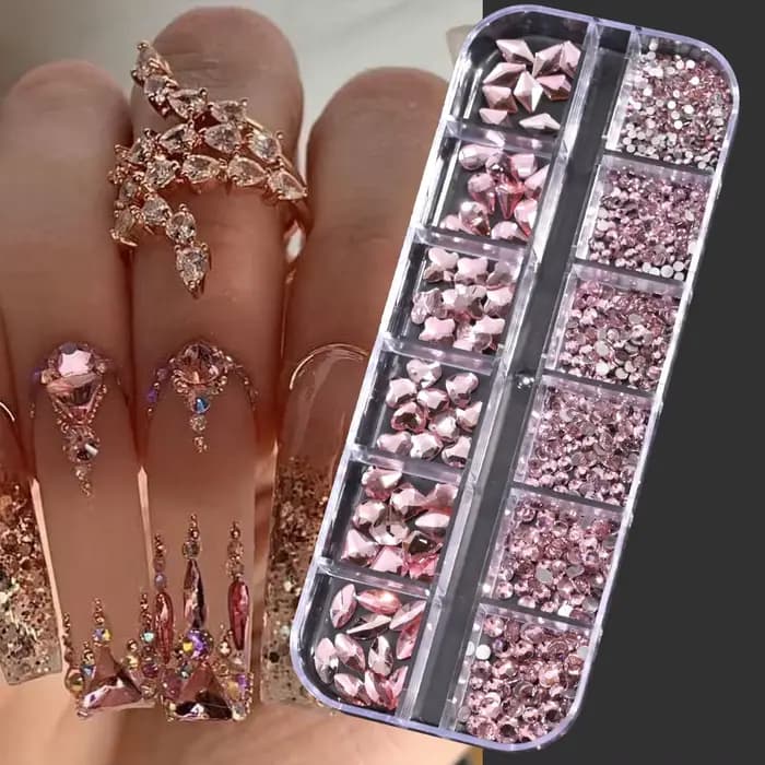 Strass pour Nail Art, 12 grilles, vert, bleu, tailles mixtes, cristal, dos plat, breloques pour ongl