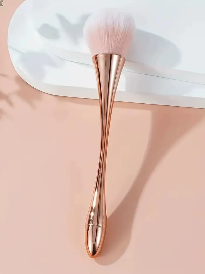 Pinceau à blush et highlighter à long manche en or rose, poils doux et moelleux, forme éventail, pin