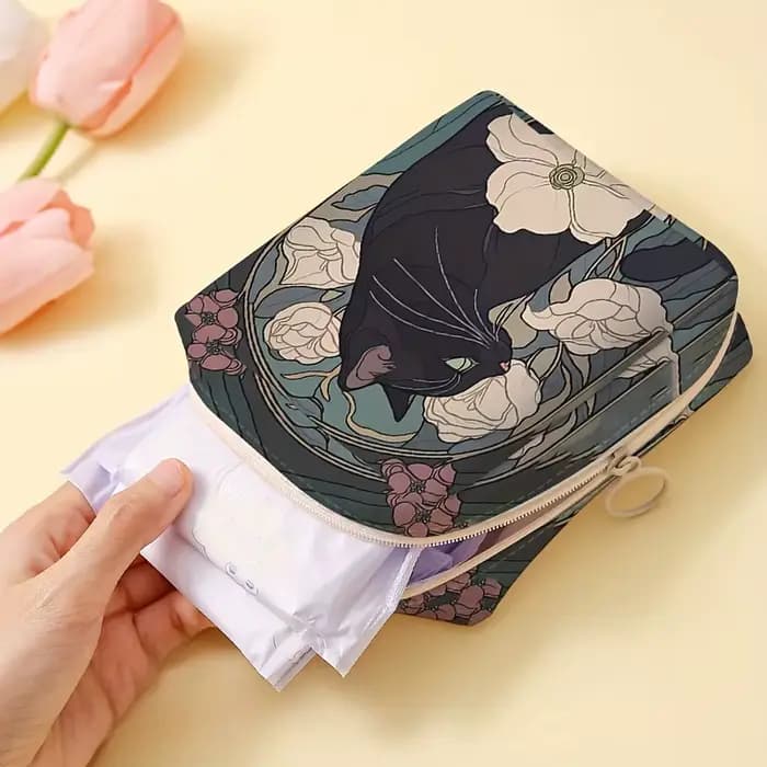 Sac de rangement pour serviettes hygiéniques imprimées à motif de chat, sac en tissu léger pour femm