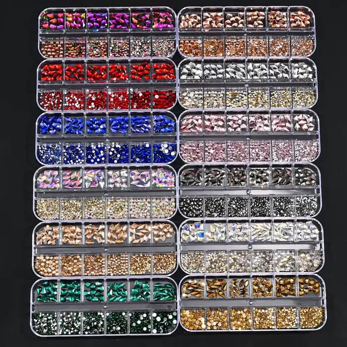 Strass pour Nail Art, 12 grilles, vert, bleu, tailles mixtes, cristal, dos plat, breloques pour ongl