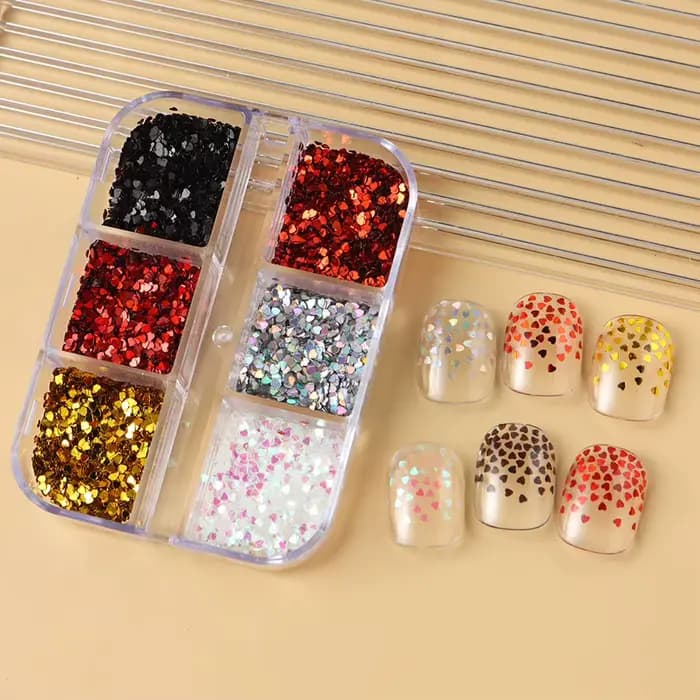 6 grilles Y2K mignon coeur paillettes ongles paillettes Kawaii Mini Laser doré argenté amour flocon