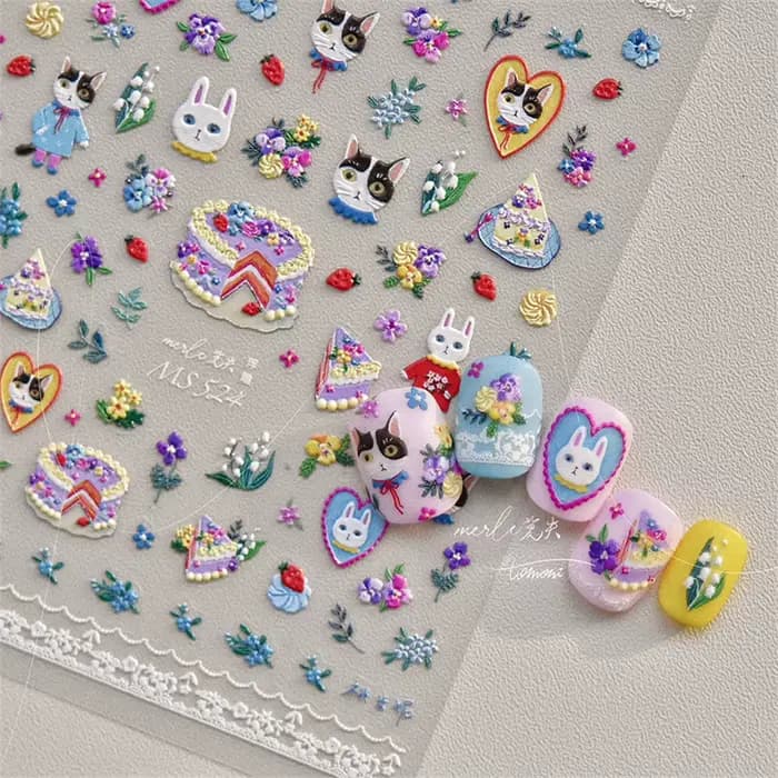 Autocollants 5D chat Kawaii pour Nail Art, 1 pièce, Relief, dessin animé japonais, gâteau rétro, ani