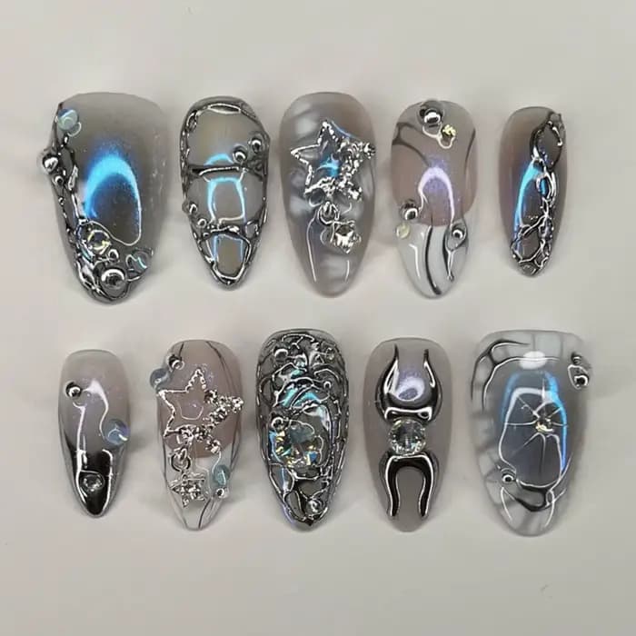 24 pièces faux ongles fille épicée arc argenté avec diamant faux ongles avec colle amande presse sur