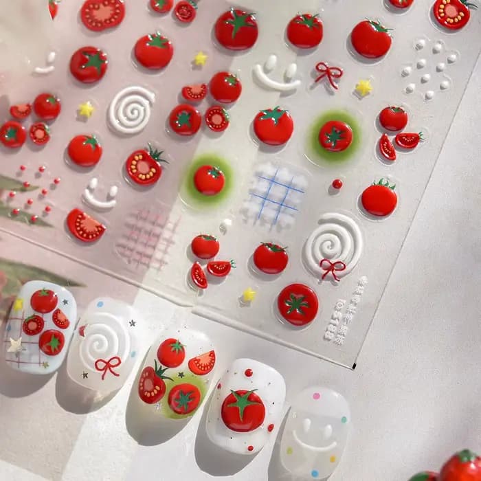 Autocollant pour Nail Art, gelée rouge juteuse, tomate, mignon, nœud papillon, étoile à paillettes,