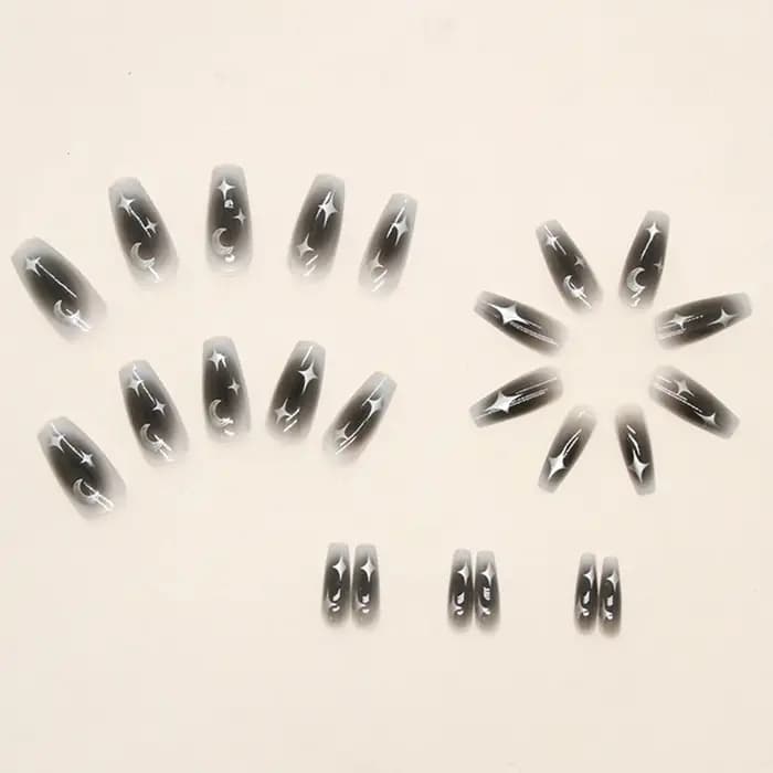 Faux ongles noirs dégradés à couverture complète pour filles cool, faux ongles cercueil mi-longs, mo