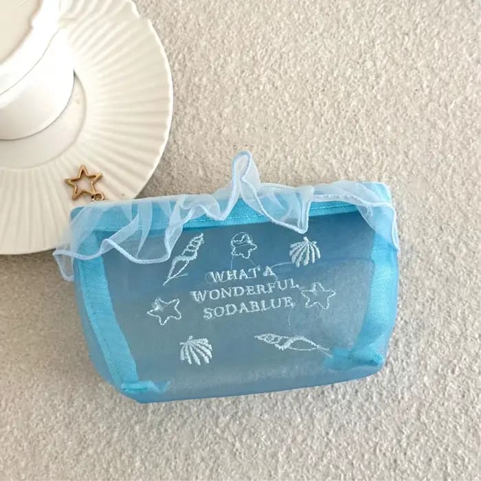Trousse de Maquillage en Tissu Oxford Bleu Brodé avec Bord Volanté, Grande Capacité, Organisateur de