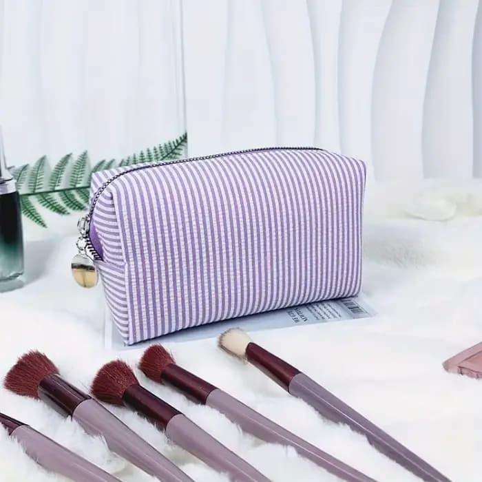 Trousse de toilette de voyage à rayures brodées personnalisées - Rangement cosmétique portable en po
