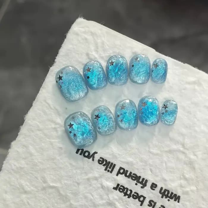 Faux ongles à pression faits à la main, bleu glace, étoile d'océan, Texture transparente, pour femme