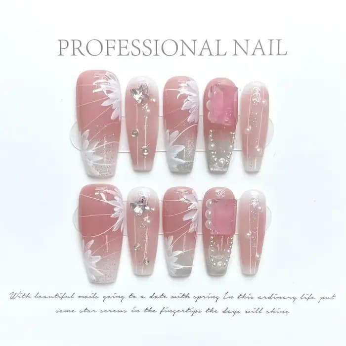 10 pièces noir fait à la main presse sur ongles fleur Ballet portable strass faux ongles décoration