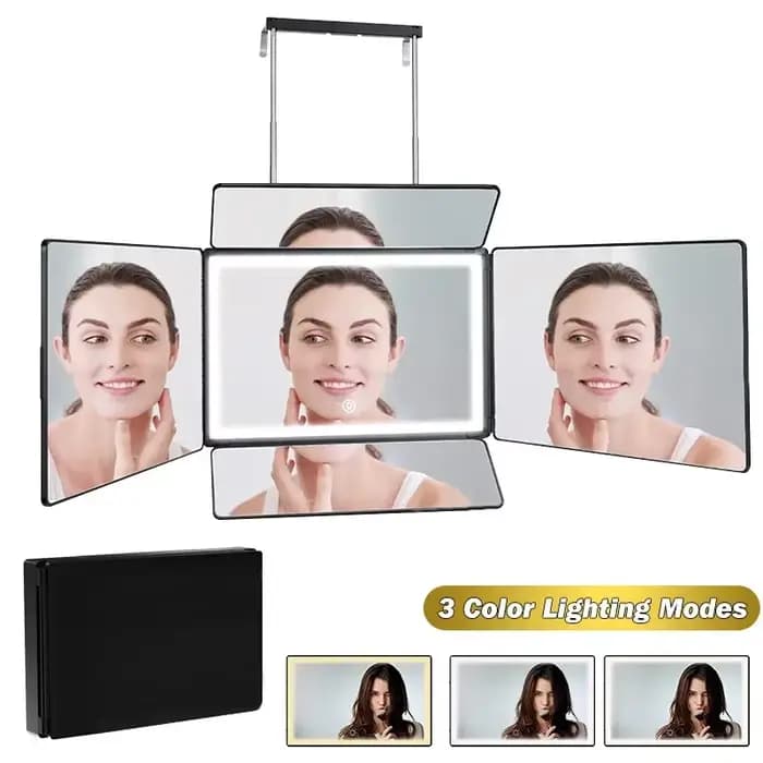 Miroir 5 voies amélioré pour la coupe de cheveux en solo, 360° ° Miroir de barbier avec LED lumine