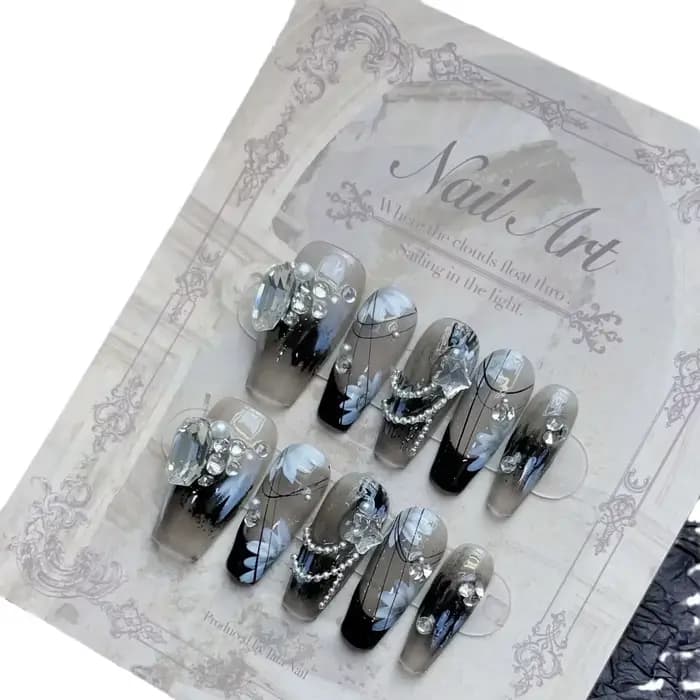 10 pièces noir fait à la main presse sur ongles fleur Ballet portable strass faux ongles décoration
