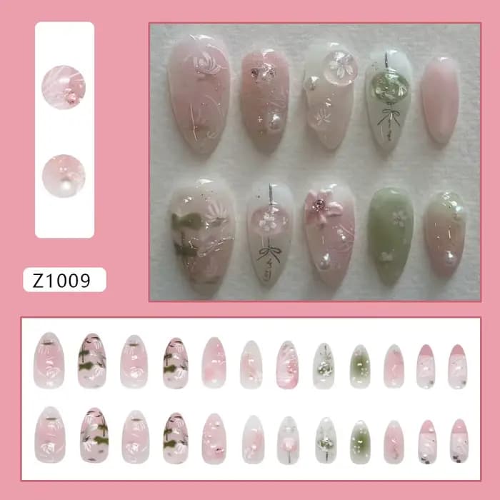 24 pièces douce amande faux ongles conseils peint à la main fleur perle motif Blush rose presse sur