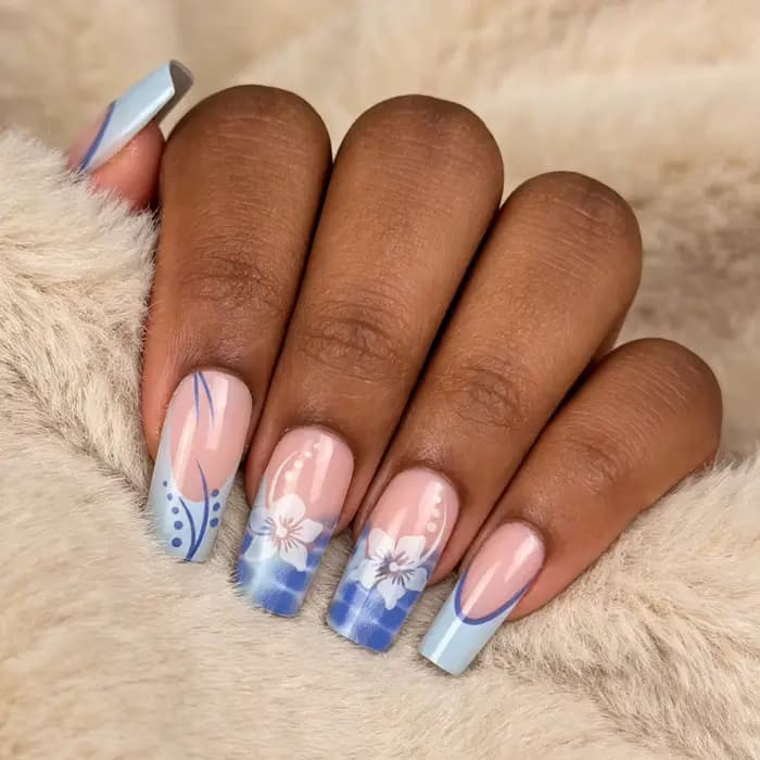Faux ongles cercueil mi-longs, 24 pièces, pointe française blanche, ballerine à pression, imprimé fl