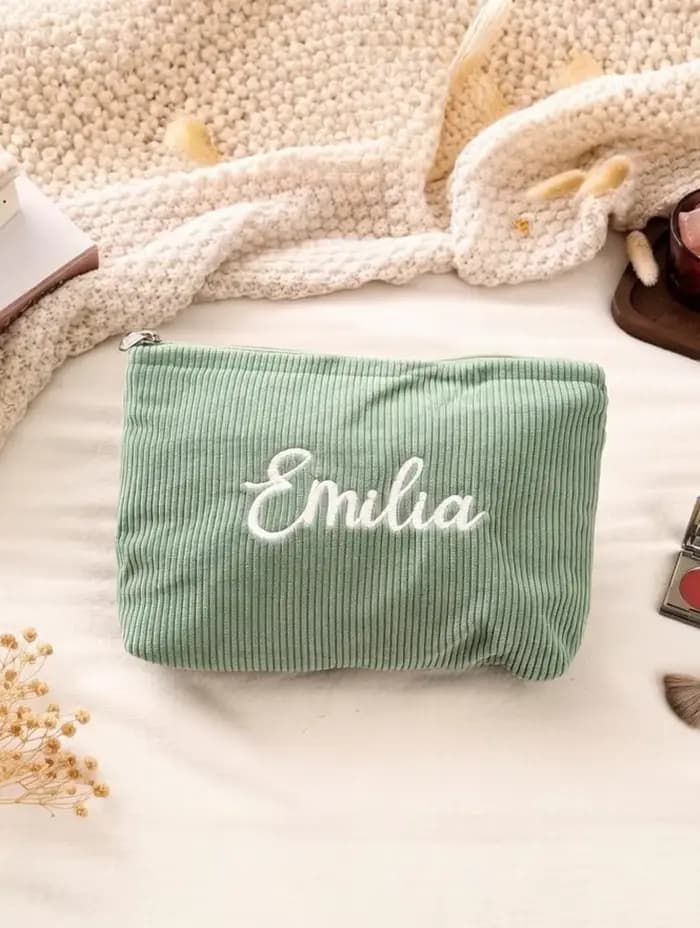 Trousse de maquillage en velours côtelé brodée, trousse de maquillage personnalisée, cadeaux idéaux