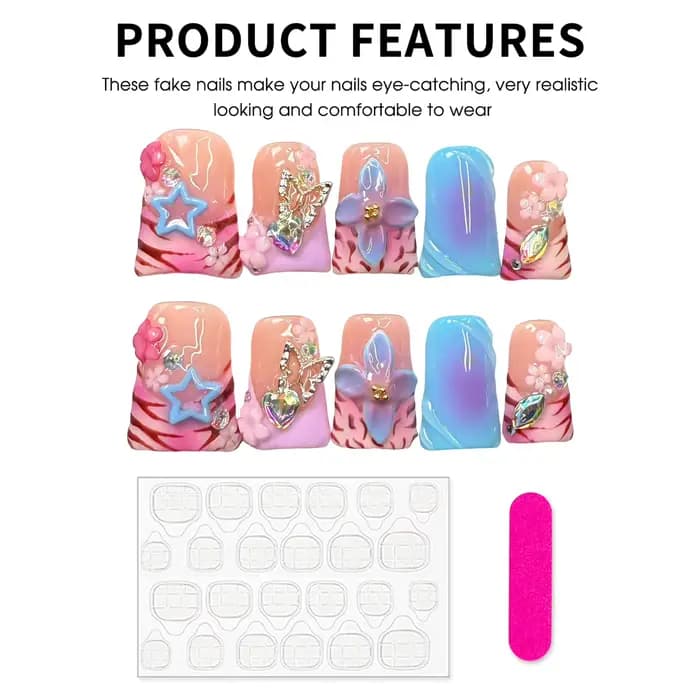 Faux ongles français faits à la main en forme de bec de canard, à pression, imprimé léopard coloré,