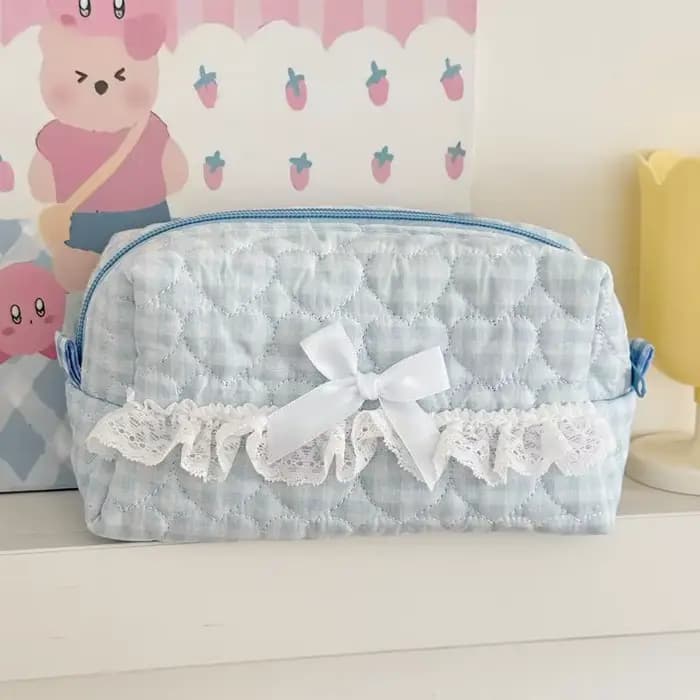 Trousse à crayons en dentelle à carreaux rose et bleu, Design matelassé mignon, organisateur de pape
