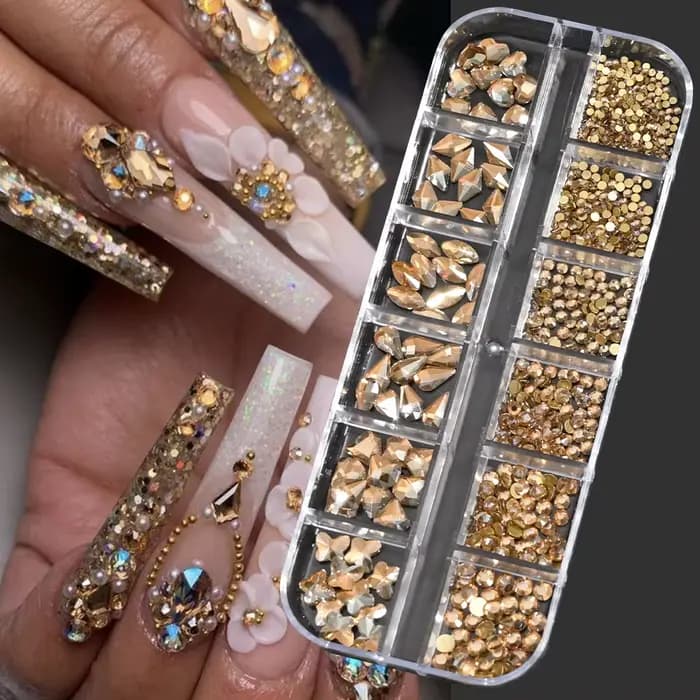 Strass pour Nail Art, 12 grilles, vert, bleu, tailles mixtes, cristal, dos plat, breloques pour ongl