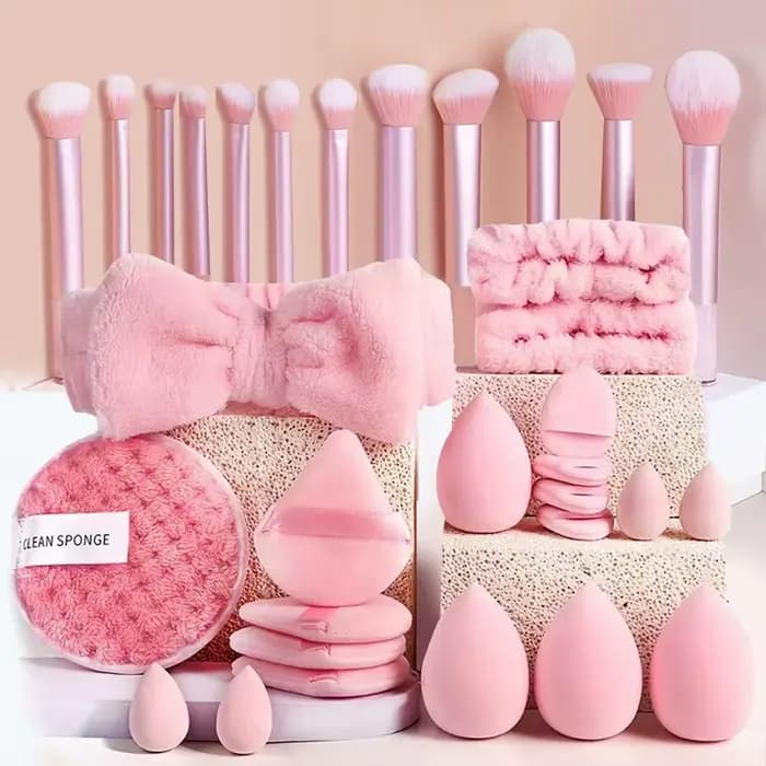 Ensemble de pinceaux et d'éponges de maquillage, bouffantes de maquillage roses, œuf de beauté, band