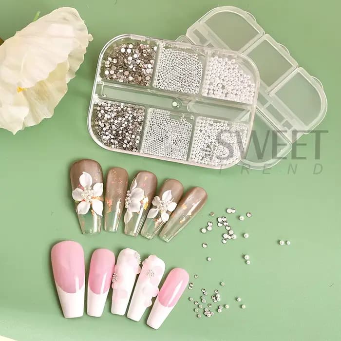 Strass 3D pour Nail Art, 6 grilles, perles rondes blanches, décoration d'ongles, breloques en acier,