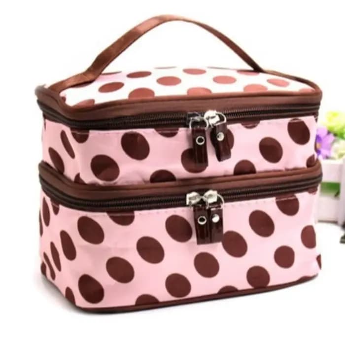 Sac de maquillage double couche à pois, trousse de toilette portable grande capacité, étui de voyage