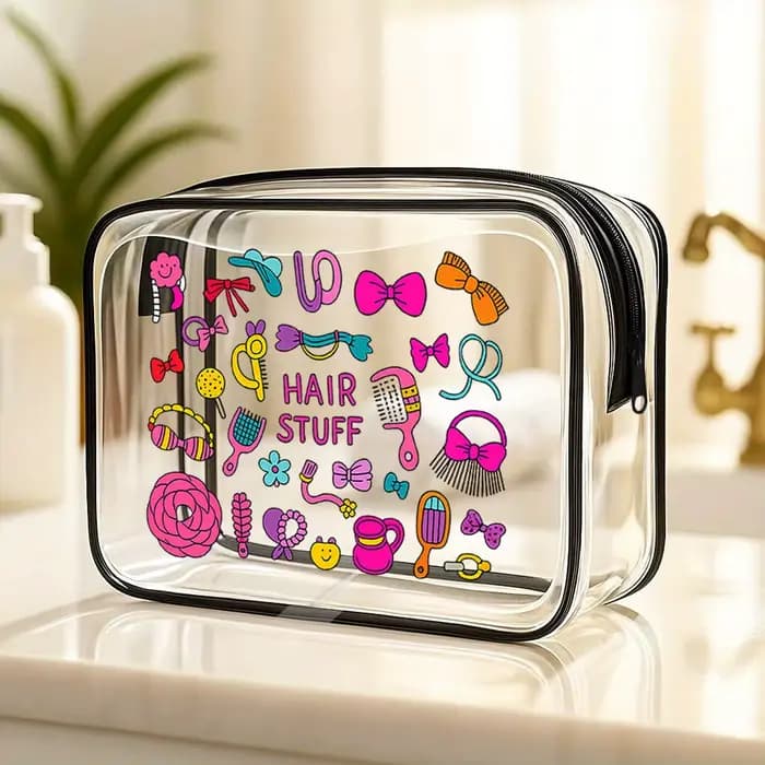 Trousse à cosmétiques transparente. Adorable design de cheveux pour les voyages, la salle de sport o