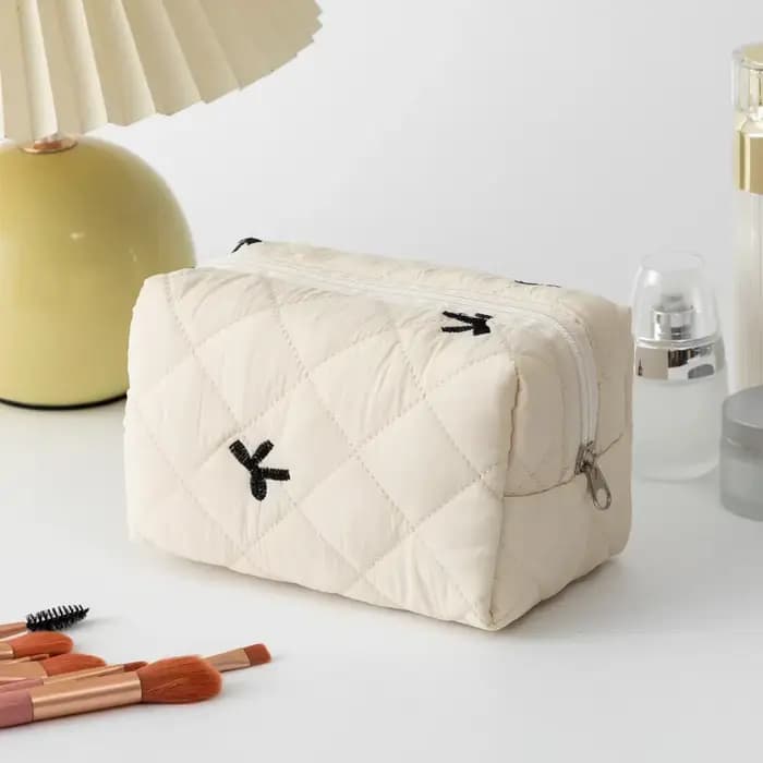 Trousse de maquillage brodée avec nœud pour femmes, sac de rangement de voyage de grande capacité po