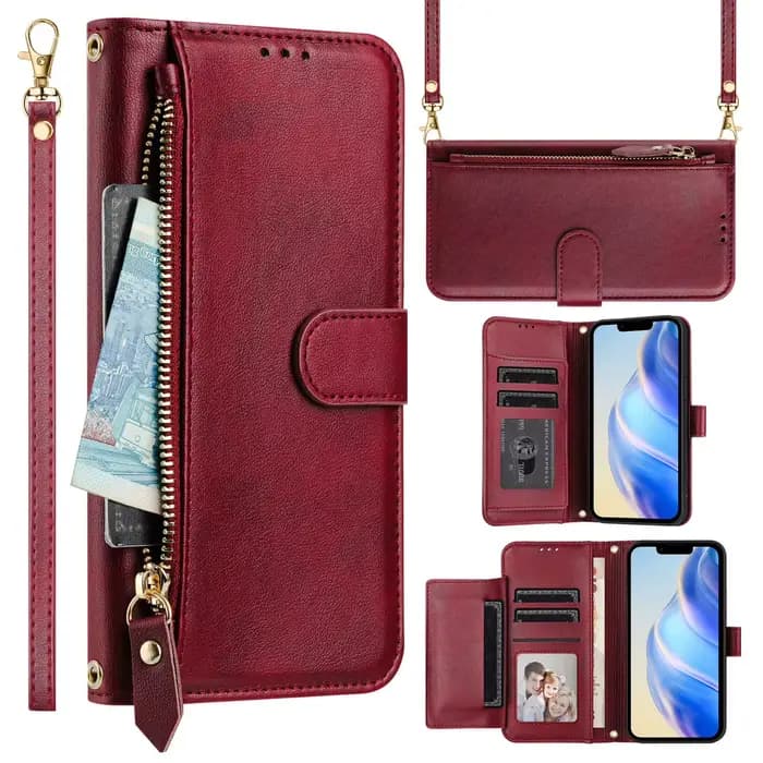 Étui à rabat à bandoulière pour OnePlus 13S 13T 13R 13 12 11 10 9 8T Multi 7 cartes, housse portefeuille de poche à fermeture éclair avec lanière en cuir rétro