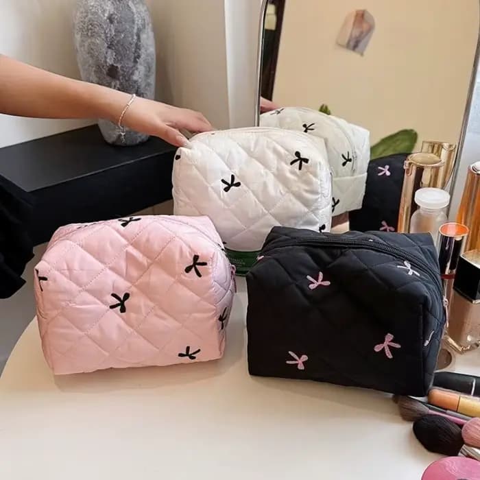 Trousse de maquillage brodée avec nœud pour femmes