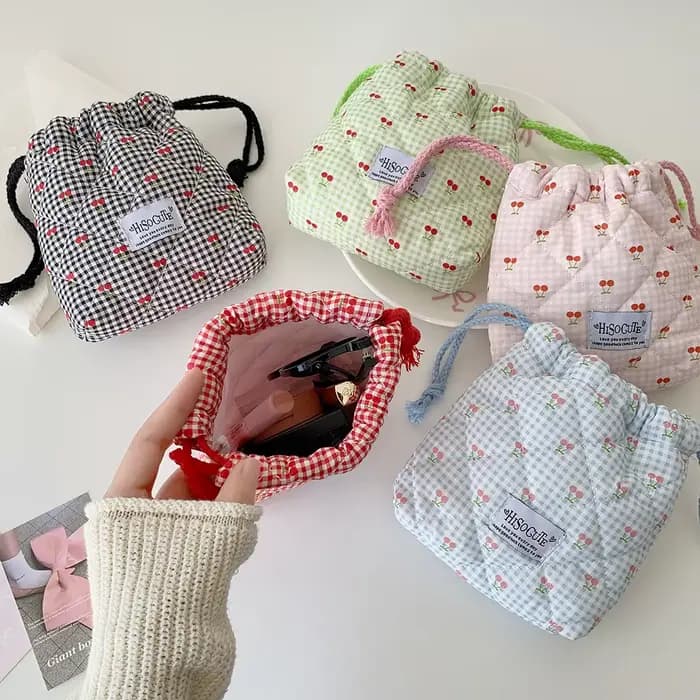 Trousse de maquillage matelassée en coton avec cordon de serrage