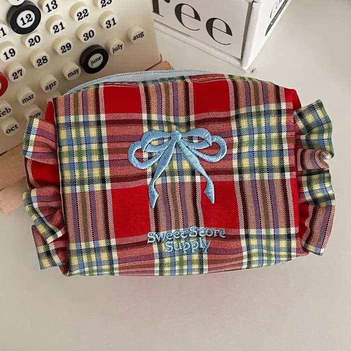 Kawaii sac cosmétique Plaid arc trousse de Maquillage mignon petit sac fille Style doux à volants