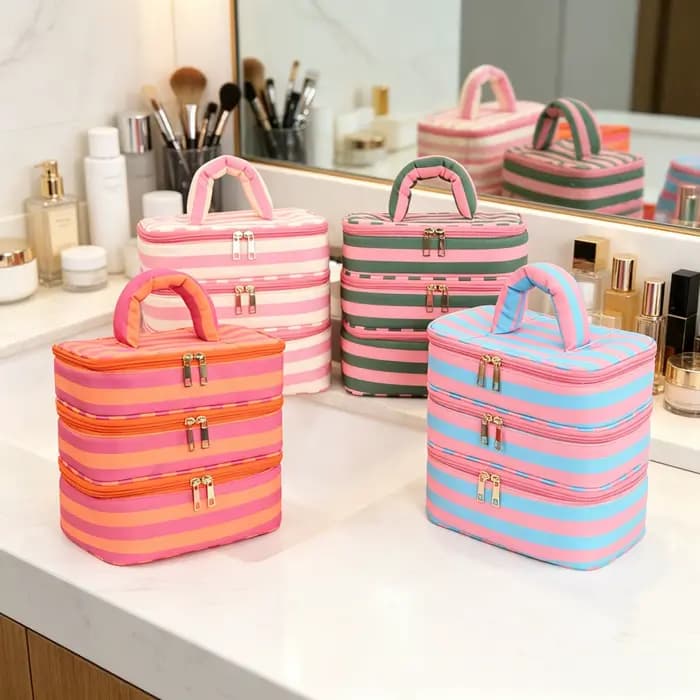Grande trousse de maquillage à 3 couches avec poignée