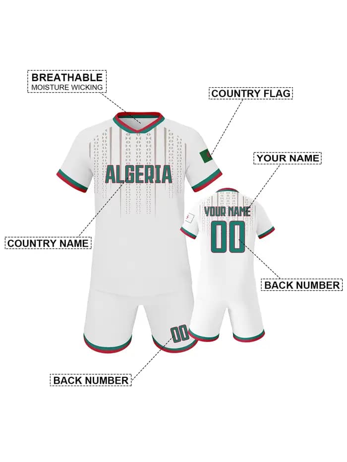 Ensemble de football personnalisé de l'Algérie avec nom et numéro, tenue d'entraînement respirante de l'équipe nationale pour enfants et jeunes