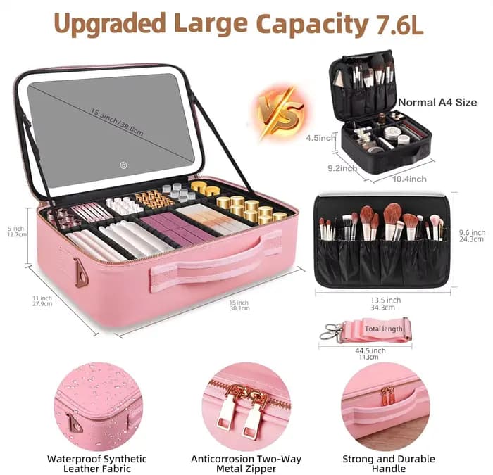Trousse de maquillage grande capacité 15''x11'' avec miroir LED 3 couleurs
