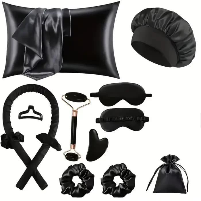 Kit de coiffure 4/12 pièces : Bigoudis en soie sans chaleur avec masque de nuit et bonnet de douche pour femmes et
