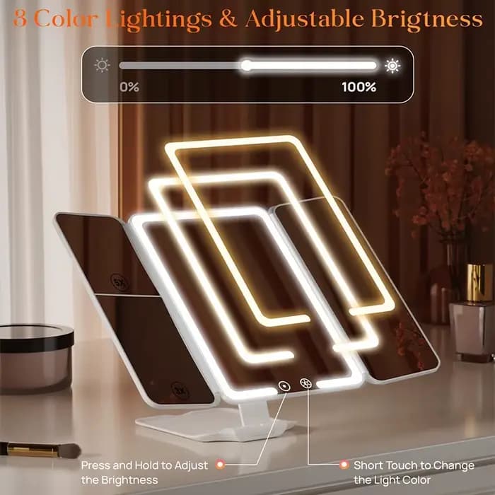 Miroir de courtoisie éclairé Triple pli 22 lumières LED écran tactile