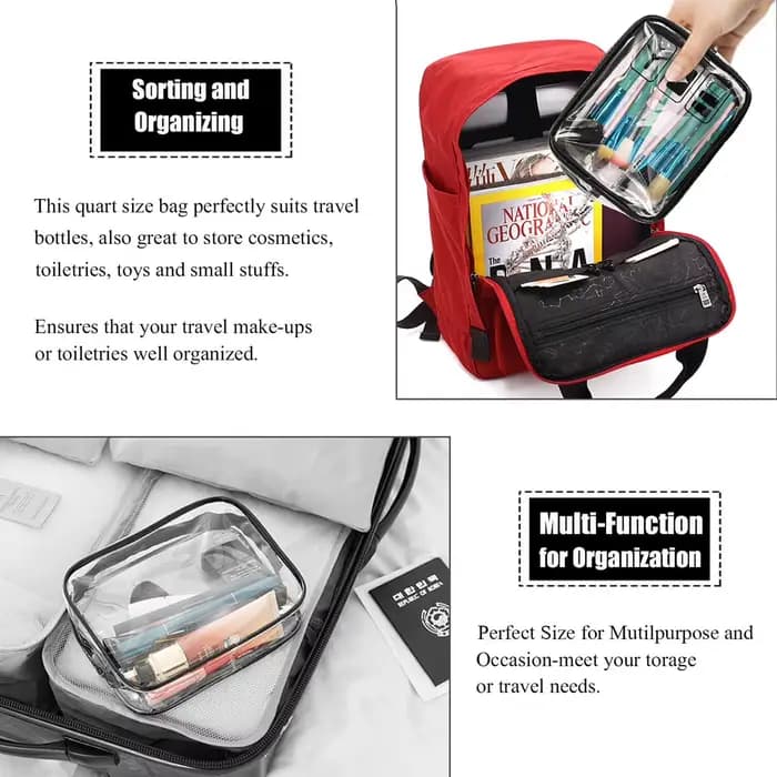 Trousse de toilette transparente approuvée par TSA - Pochette cosmétique de voyage de taille quart pour aéroports